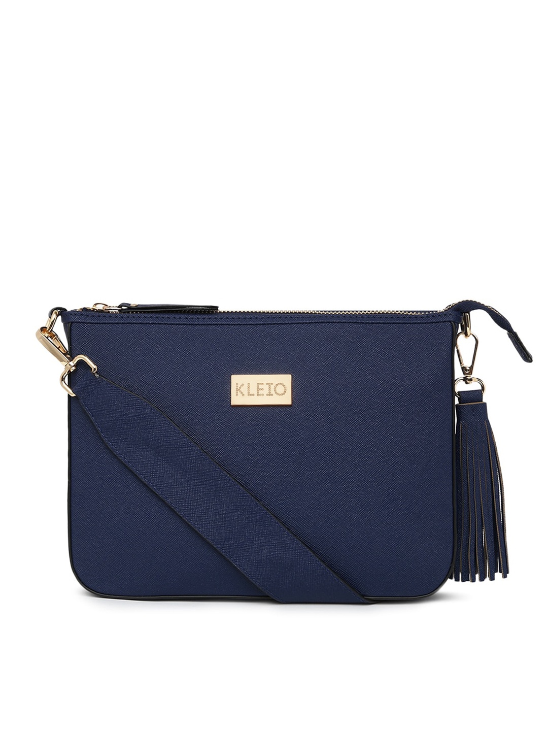 

KLEIO Women Saffiano Structured Sling Bag with Tasseled Detail, Navy blue