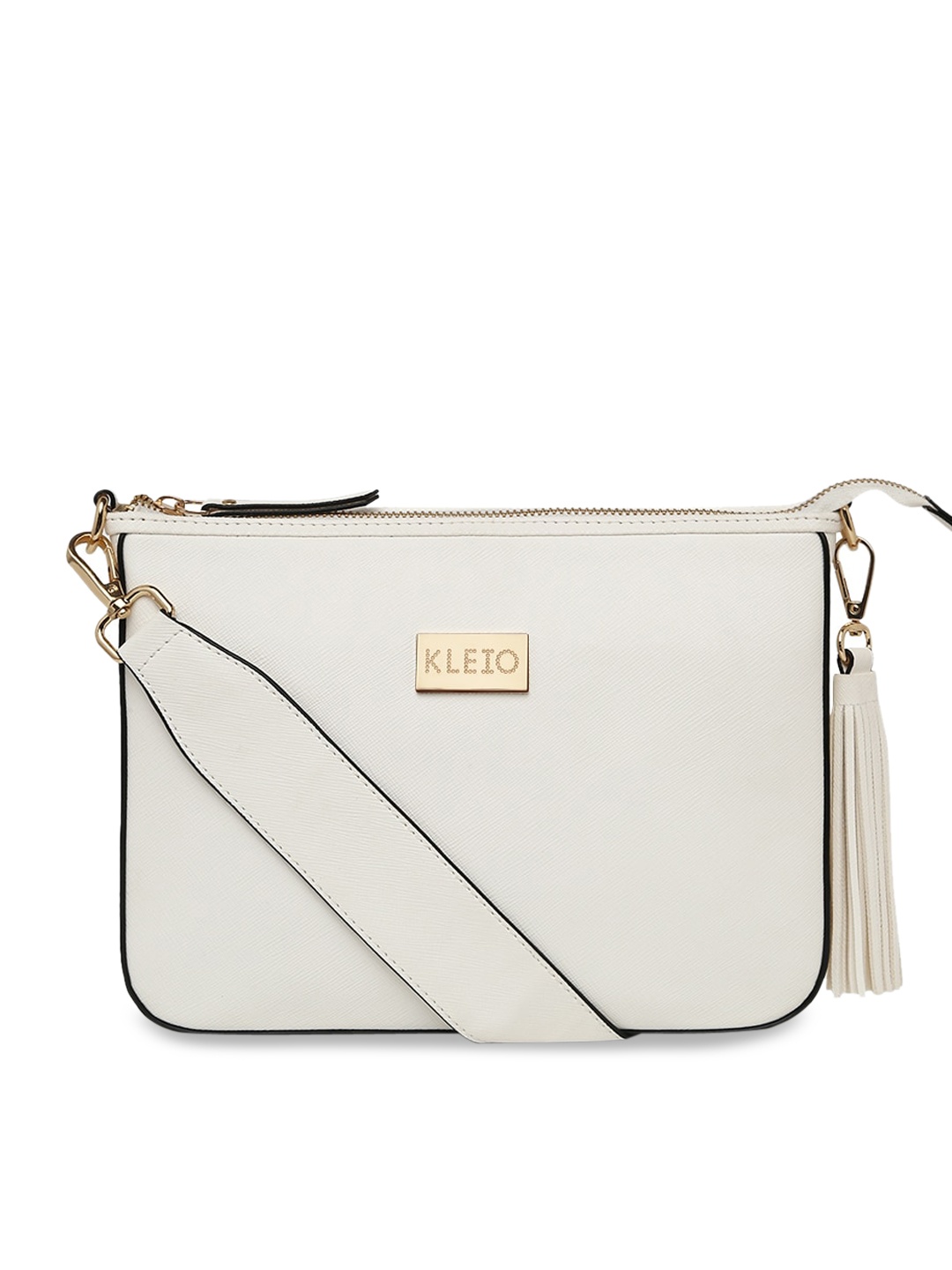 

KLEIO Off-White Saffiano Textured Shoulder Bag with Tasselled Detail