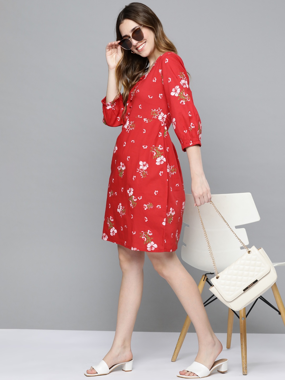 

HERE&NOW Red & Off White Floral Cotton A-Line Dress
