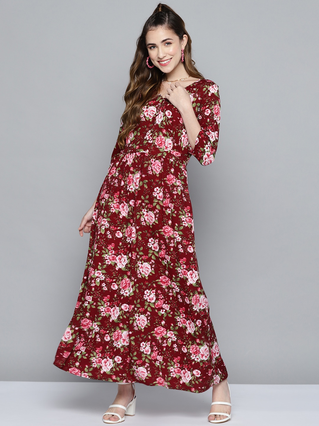 

HERE&NOW Maroon & Pink Floral Maxi Dress