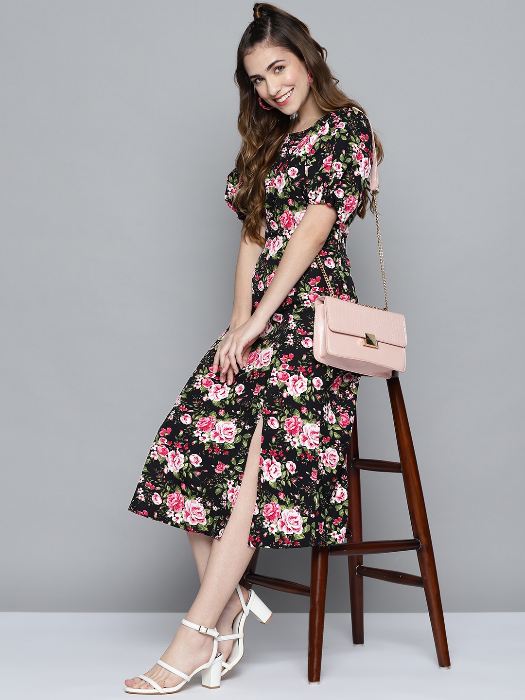

HERE&NOW Black & Pink Floral A-Line Midi Dress
