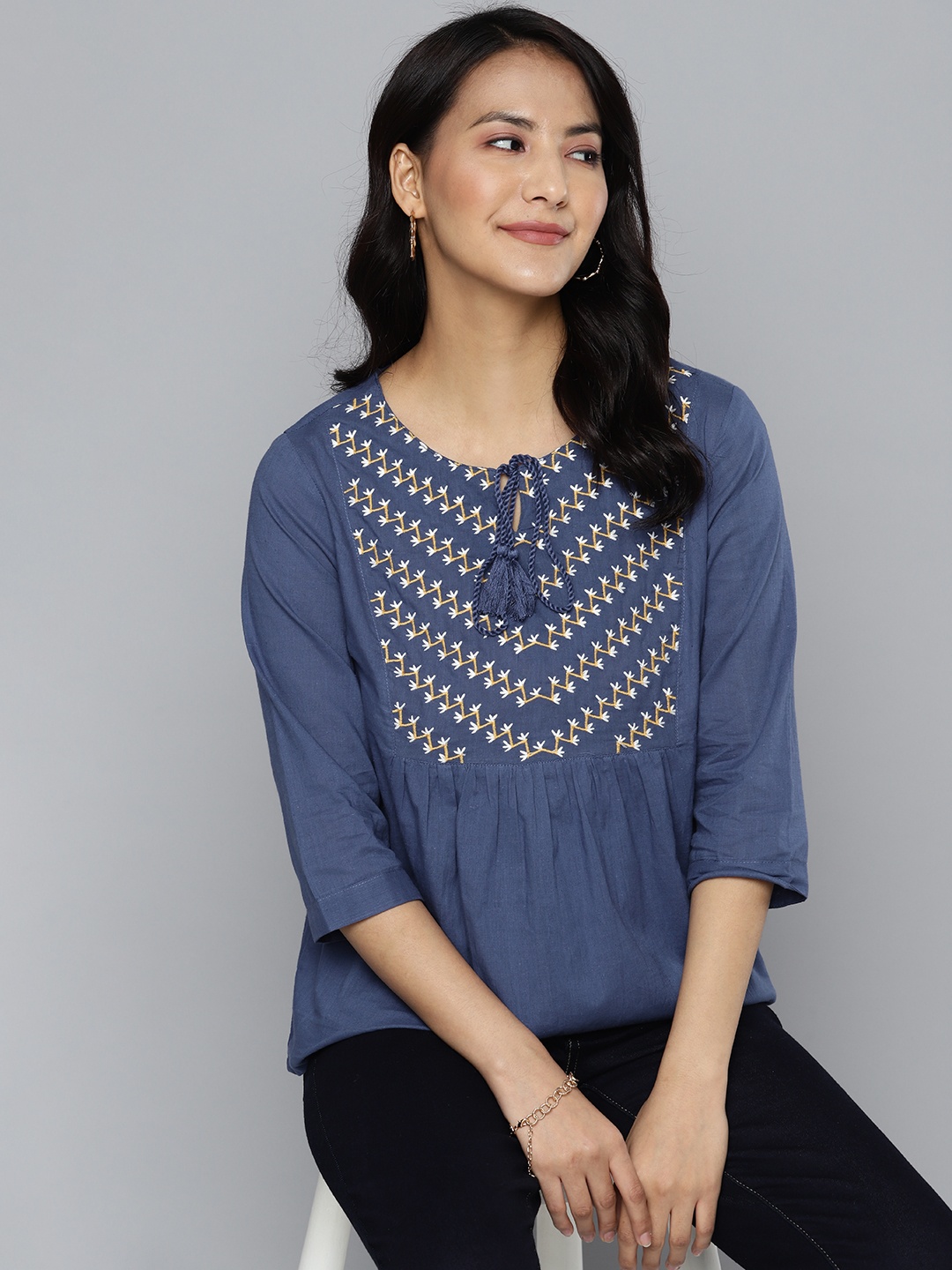 

HERE&NOW Pure Cotton Embroidered Top, Navy blue