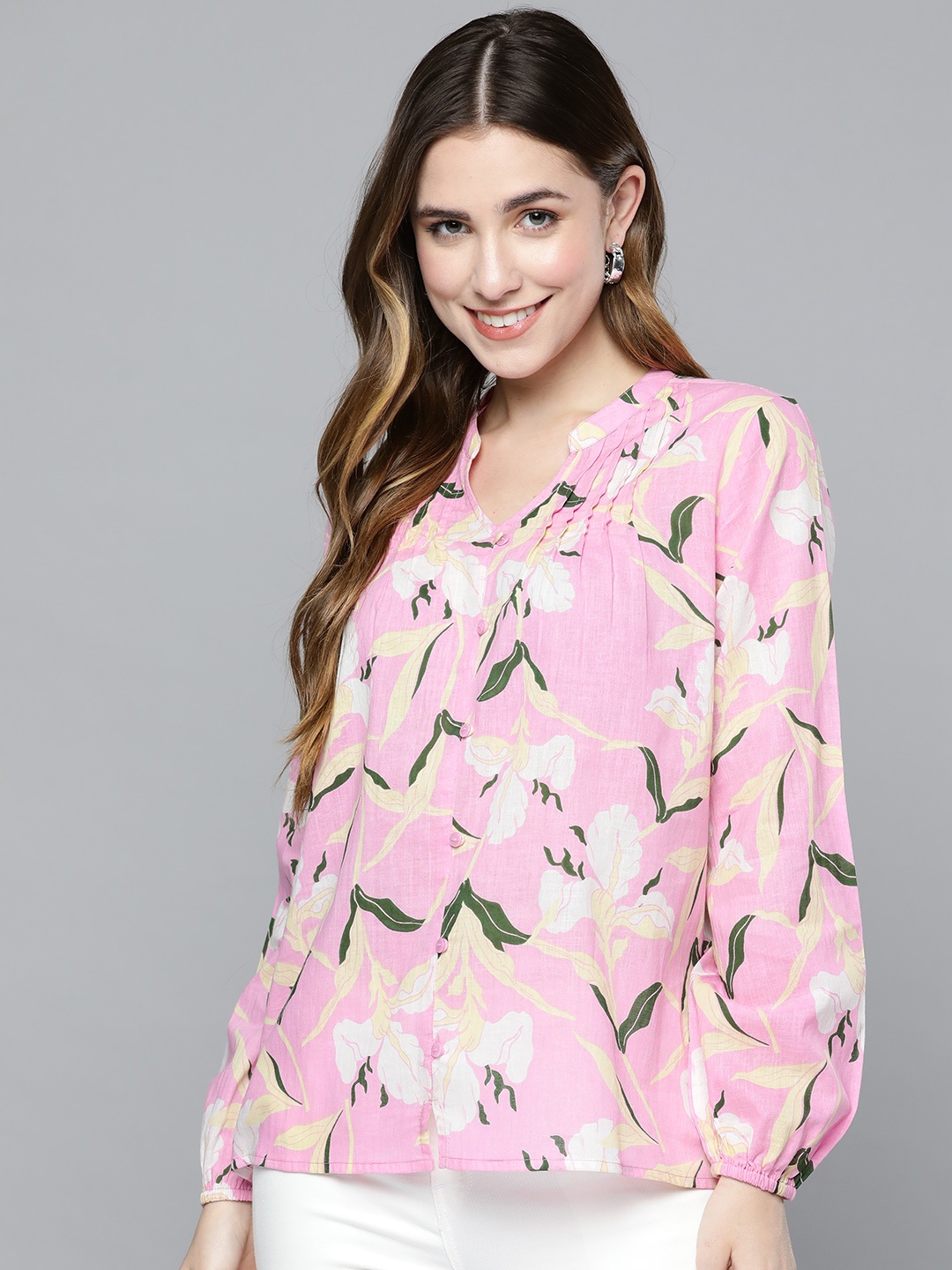 

HERE&NOW Pink & Off White Pure Cotton Floral Print Mandarin Collar Top