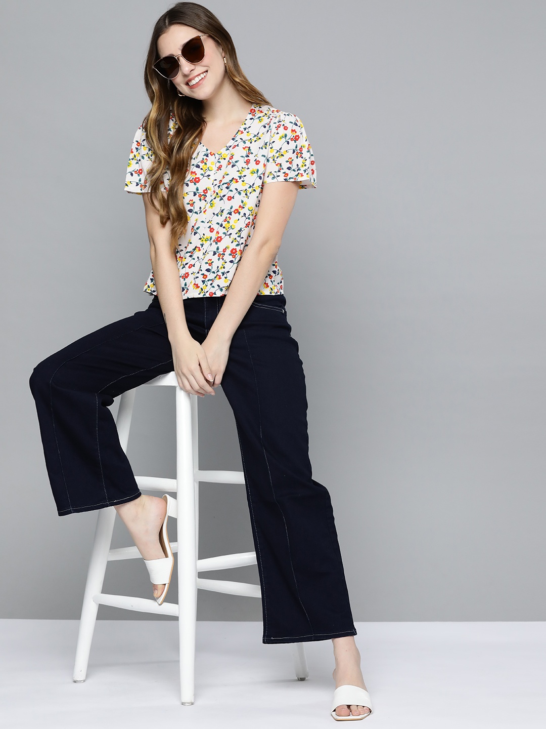 

HERE&NOW White & Yellow Floral Print Top