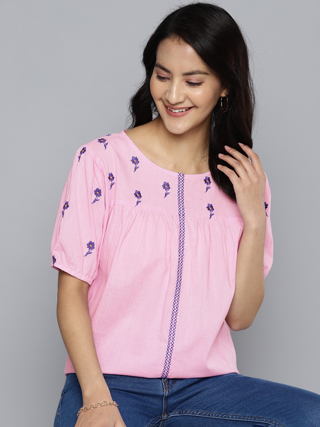 

HERE&NOW Pure Cotton Embroidered Top, Pink