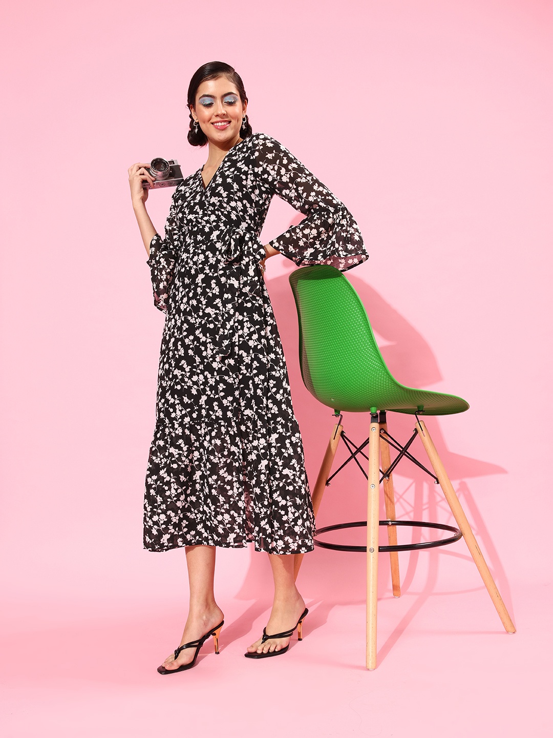 

HERE&NOW Women Stunning Black Floral Wrap it Up Dress