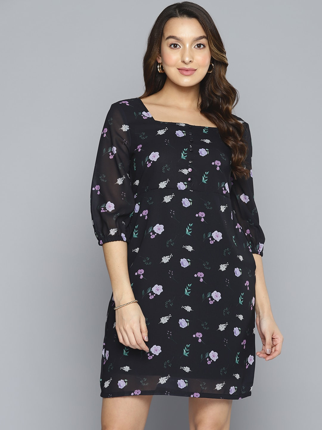 

HERE&NOW Floral Printed Square Neck Sheath Mini Dress, Black