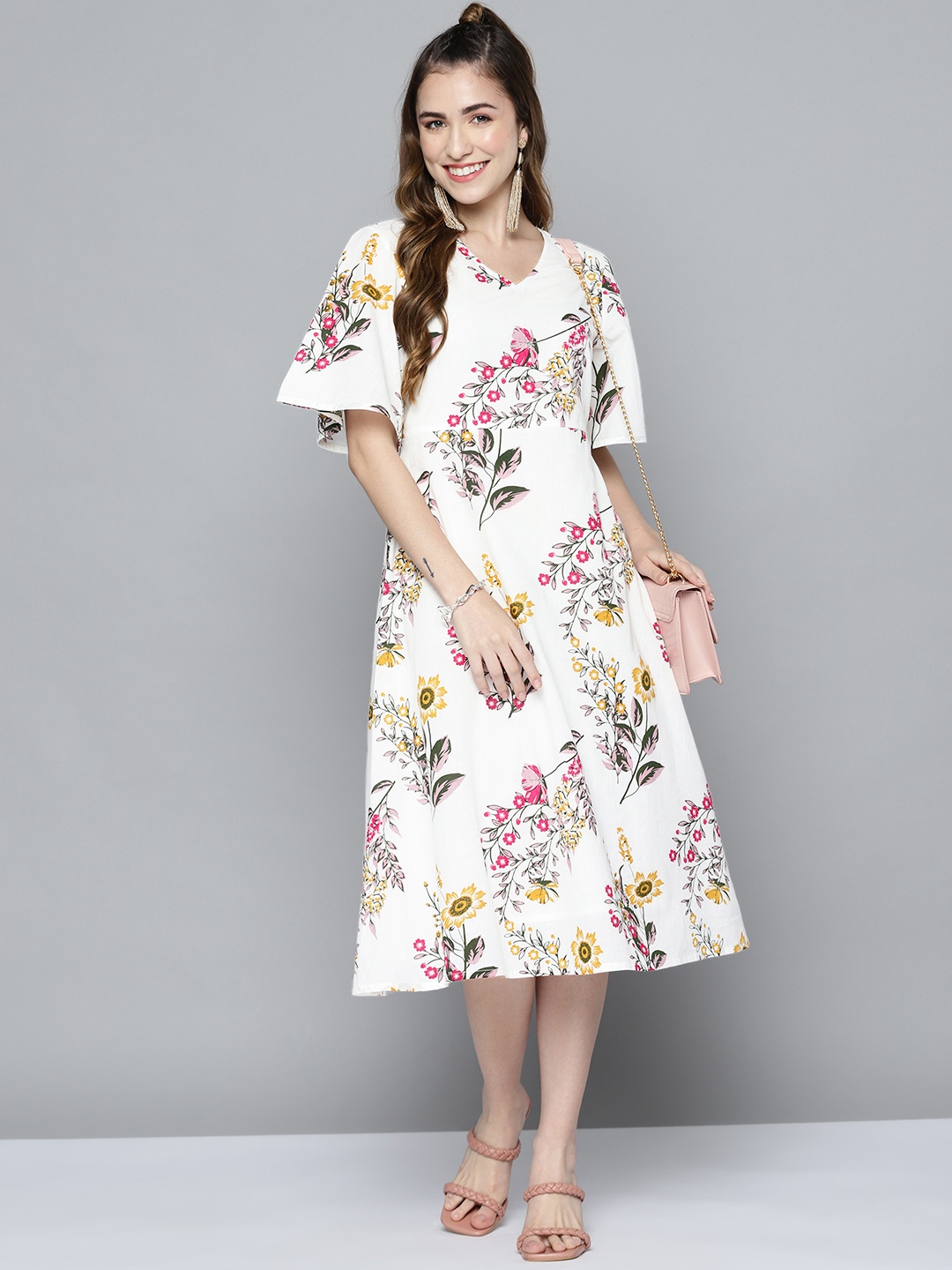 

HERE&NOW White & Pink Pure Cotton Floral A-Line Dress