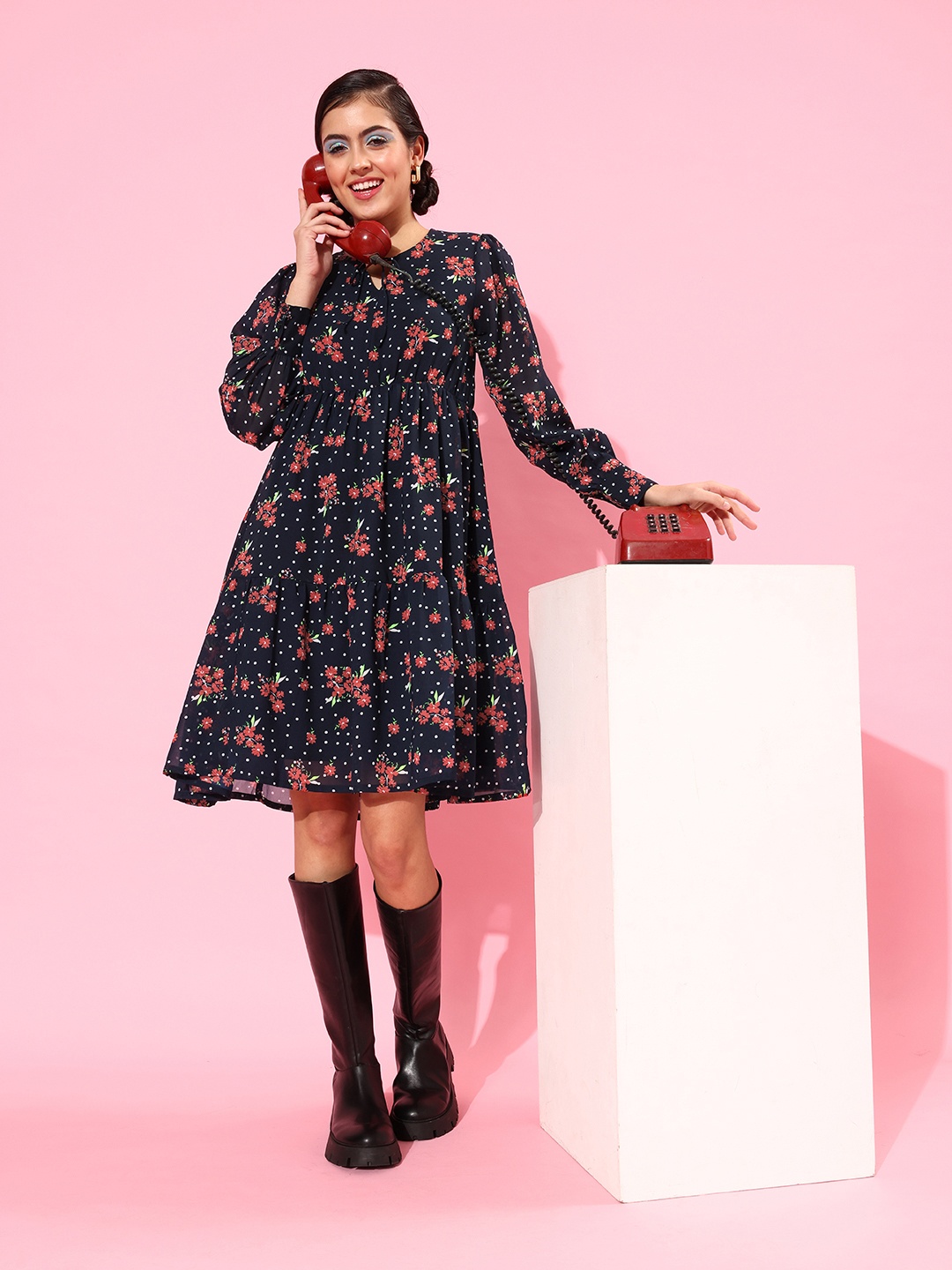 

HERE&NOW Women Deep Navy Blue Floral Volume Play Dress