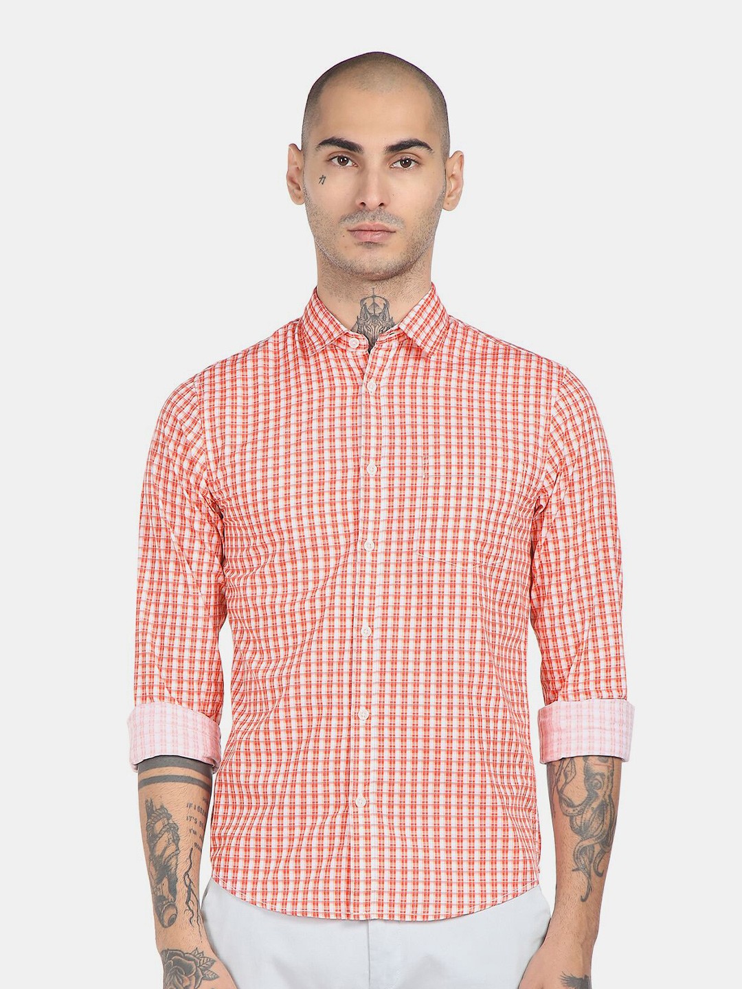 

Ruggers Men Orange Gingham Checked Casual Shirt