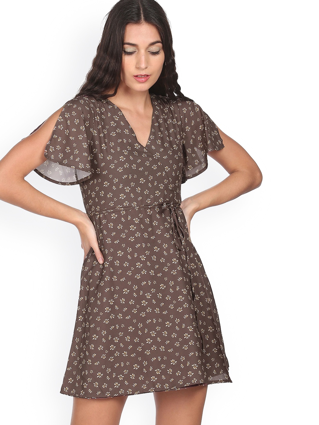 

Sugr Women Brown & White Floral Printed Belted Dress