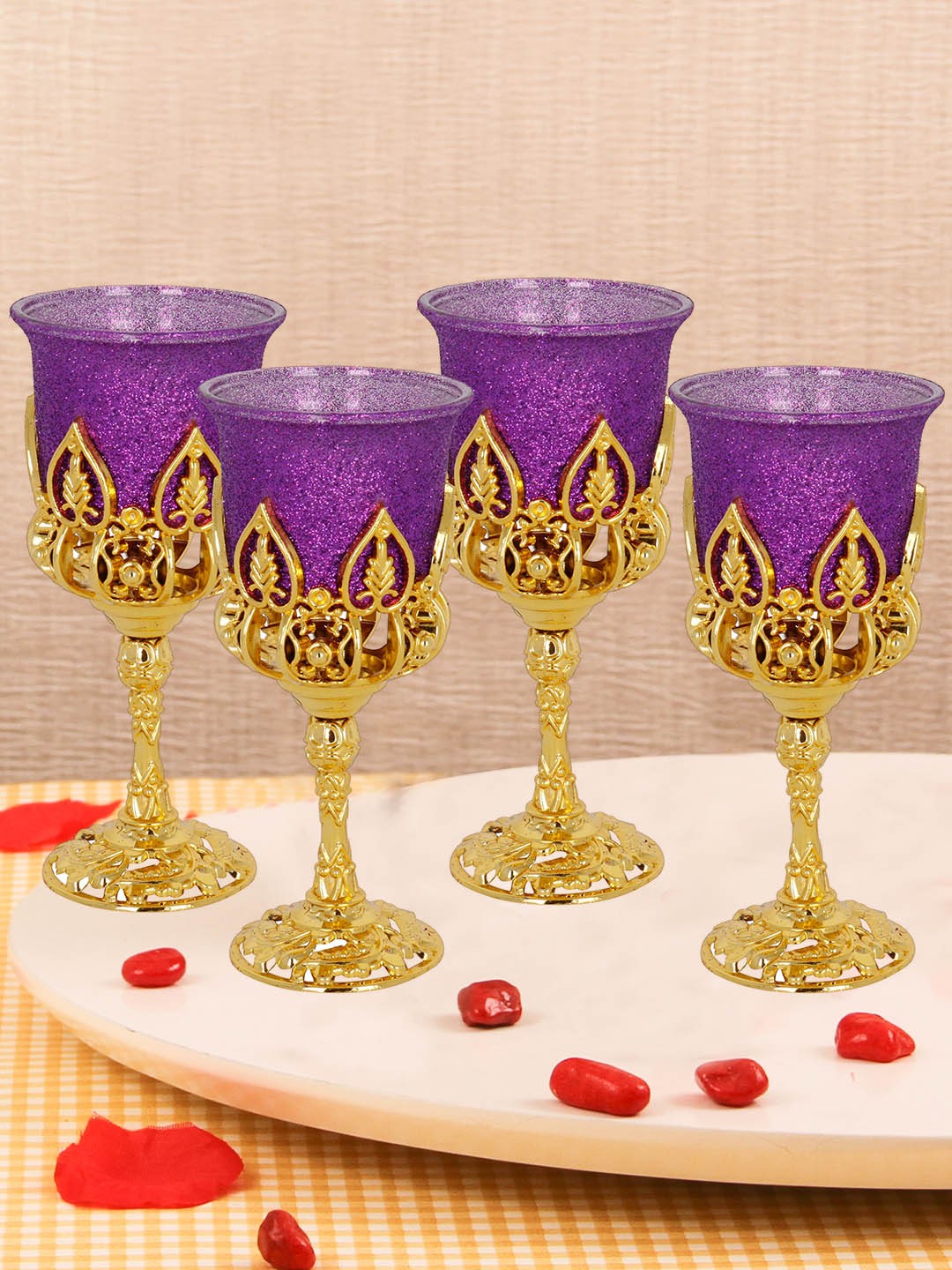 

TIED RIBBONS Set Of 4 Tealight Candle Holders With Stand, Purple