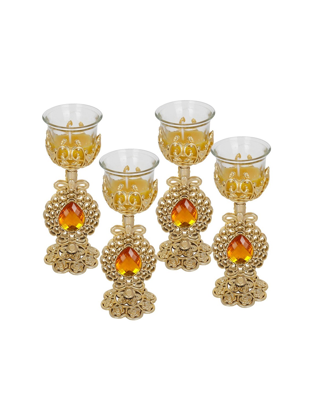 

TIED RIBBONS Set Of 4 Gold-Toned & Yellow Table Top Tealight Candle Holders with Stand