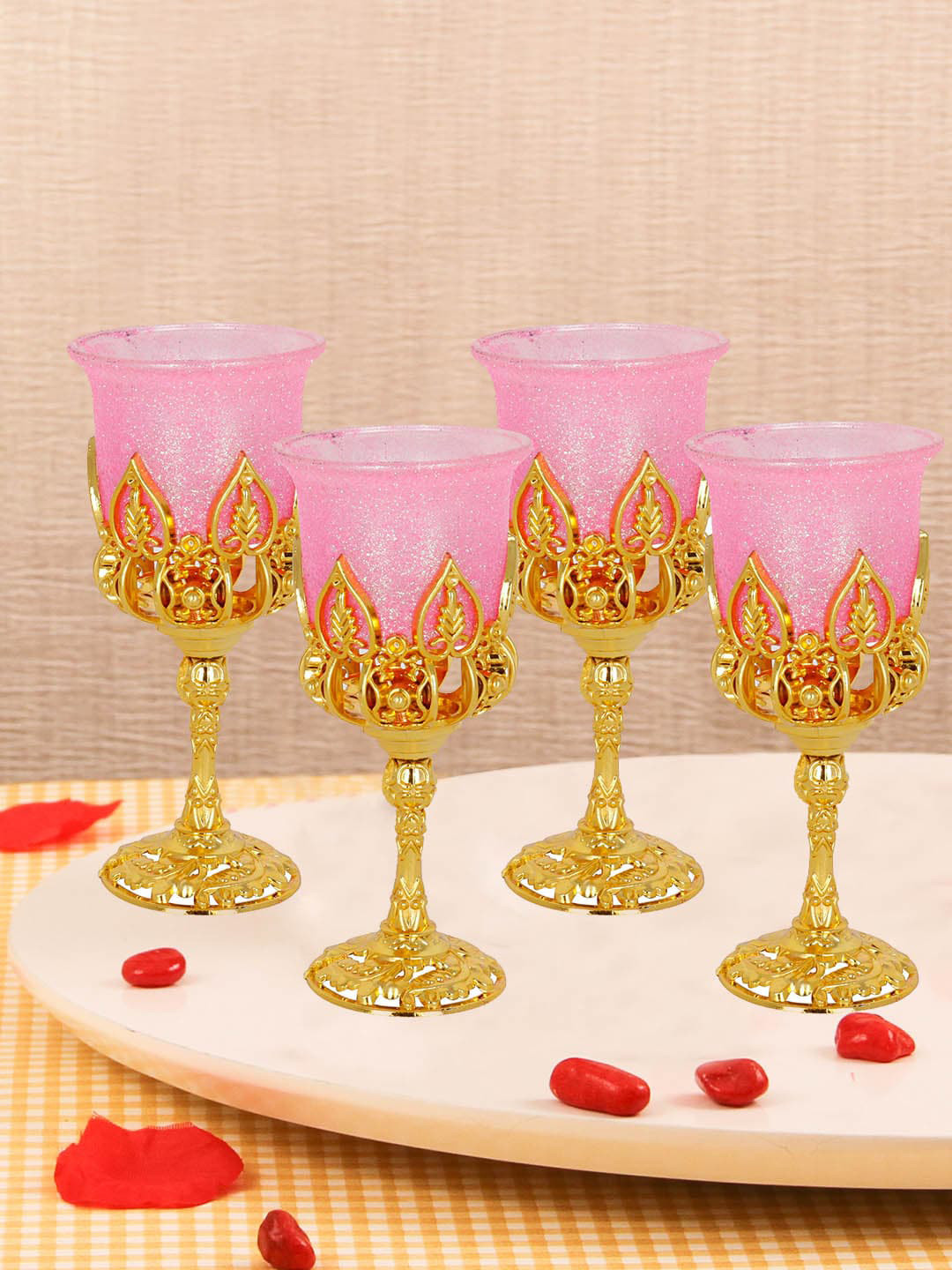 

TIED RIBBONS Set Of 4 Tealight Candle Holders With Stand, Pink