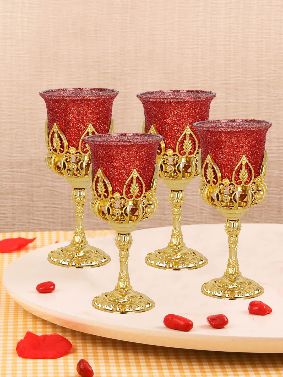 

TIED RIBBONS Set Of 4 Red & Gold-Toned Embellished Table Top Tealight Candle Holders