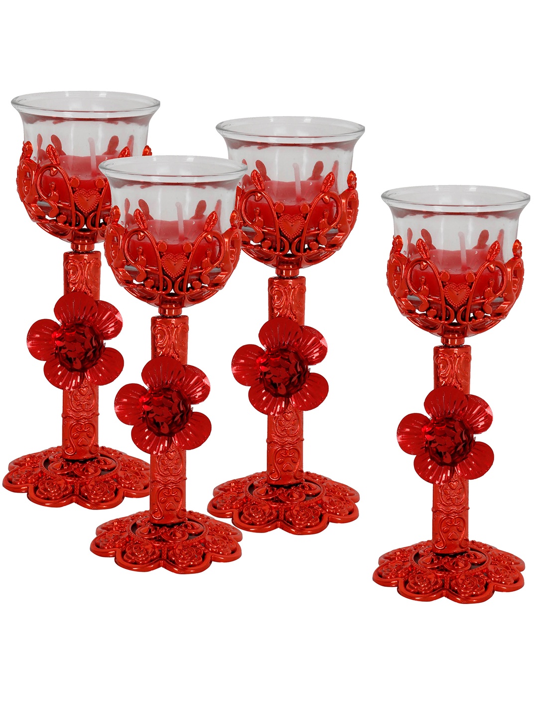 

TIED RIBBONS Set of 4 Tealight Candle Holders with Stand, Red