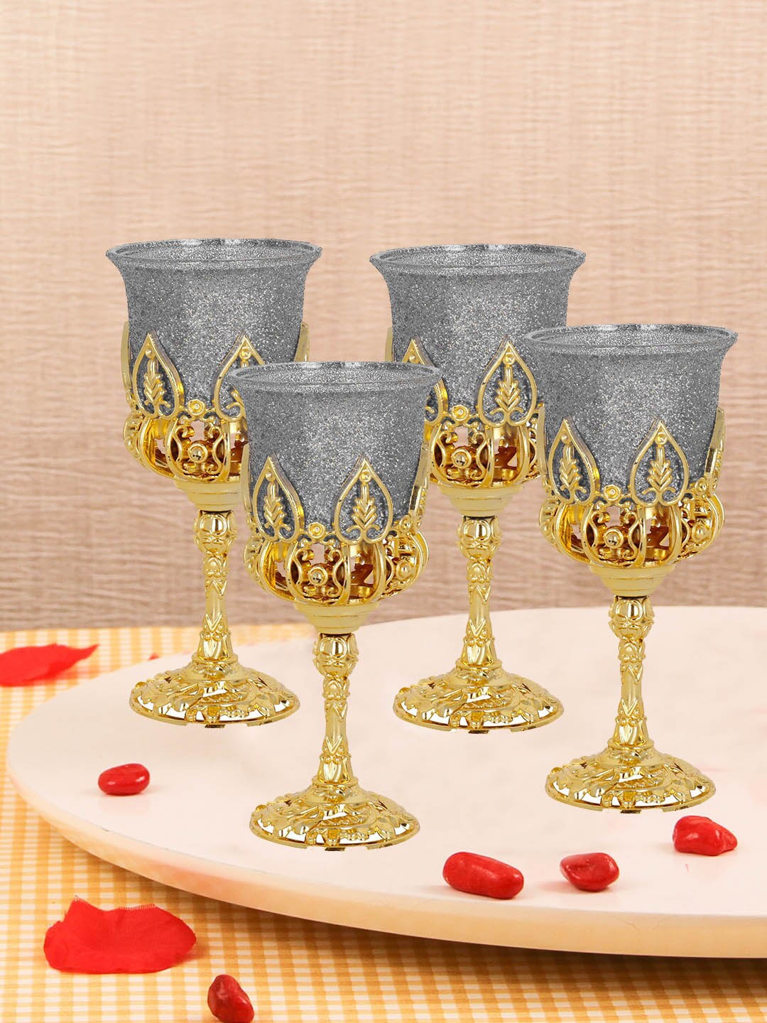 

TIED RIBBONS Set Of 4 Grey & Gold-Toned Embellished Tealight Candle Holders With Stand