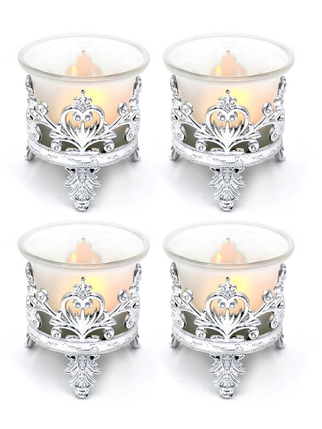 

TIED RIBBONS Set Of 4 White & Silver-Toned Embellished Cup Tealight Candle Holders