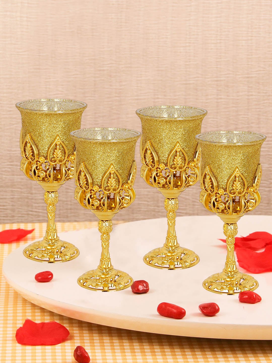 

TIED RIBBONS Set Of 4 Gold-Toned Embellished Tealight Candle Holder With Stand