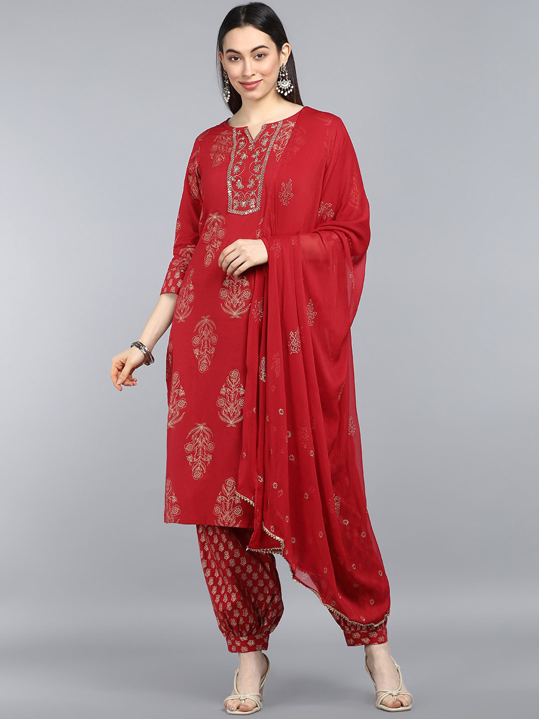 

AHIKA Women Red Ethnic Motifs Printed Pure Cotton Kurta with Salwar & Dupatta
