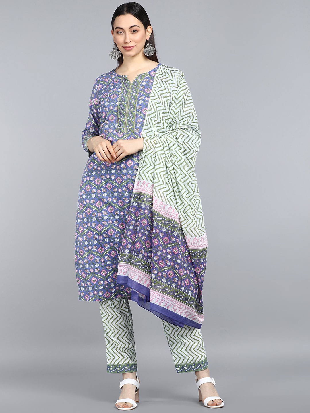 

AHIKA Women Purple & Green Printed Pure Cotton Kurta with Trouser & Dupatta