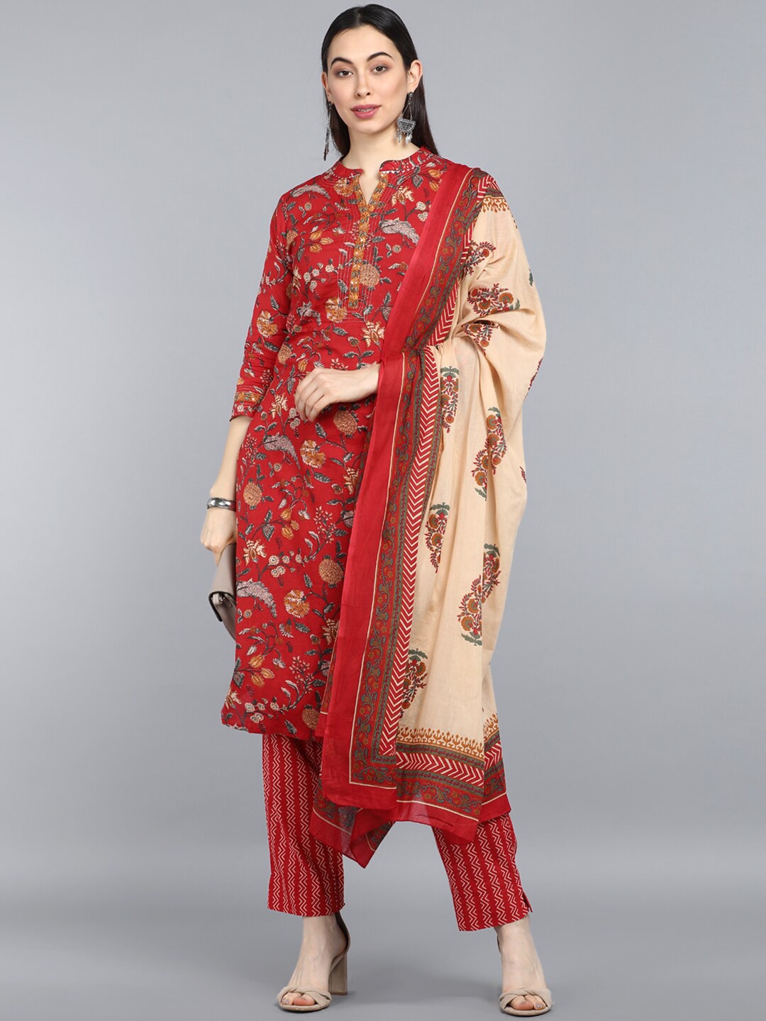 

AHIKA Women Red Floral Printed Regular Pure Cotton Kurta with Trouser & Dupatta