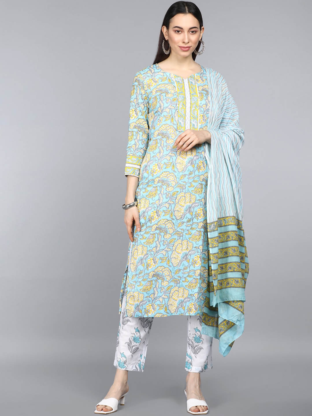 

AHIKA Women Blue & White Floral Printed Pure Cotton Kurta With Trousers & Dupatta