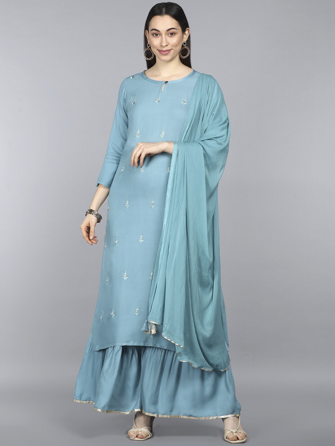 

AHIKA Women Blue Ethnic Motifs Embroidered Pure Cotton Kurta with Sharara & With Dupatta