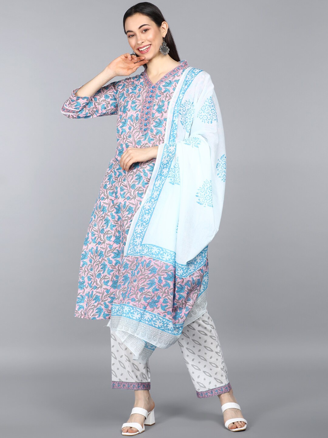 

AHIKA Women Pink Floral Printed Panelled Pure Cotton Kurta with Trousers & Dupatta