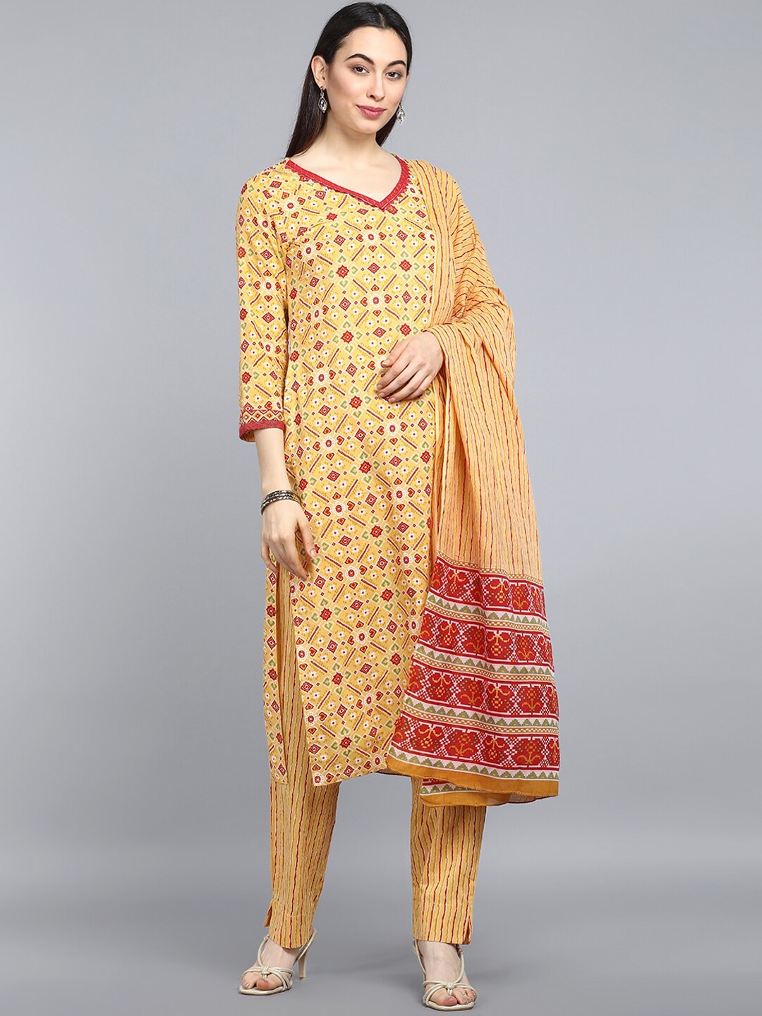 

AHIKA Women Yellow Pure Cotton Kurta with Trousers & Dupatta