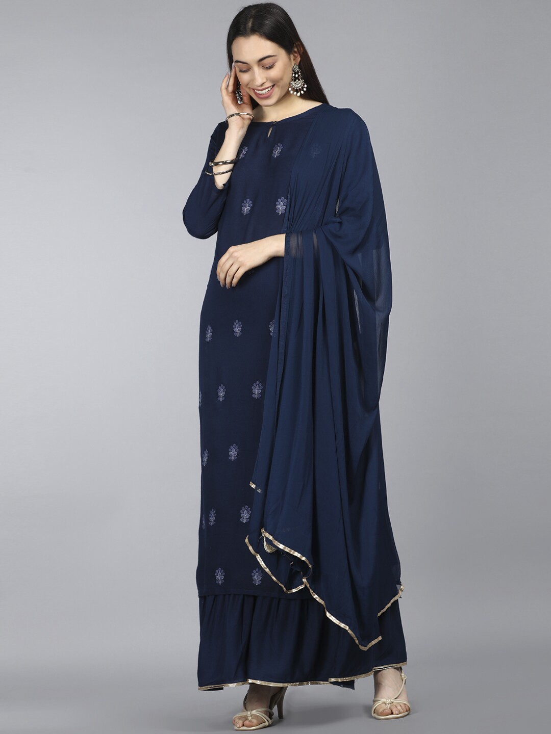 

AHIKA Women Navy Blue Floral Embroidered Pure Cotton Kurta with Sharara & With Dupatta