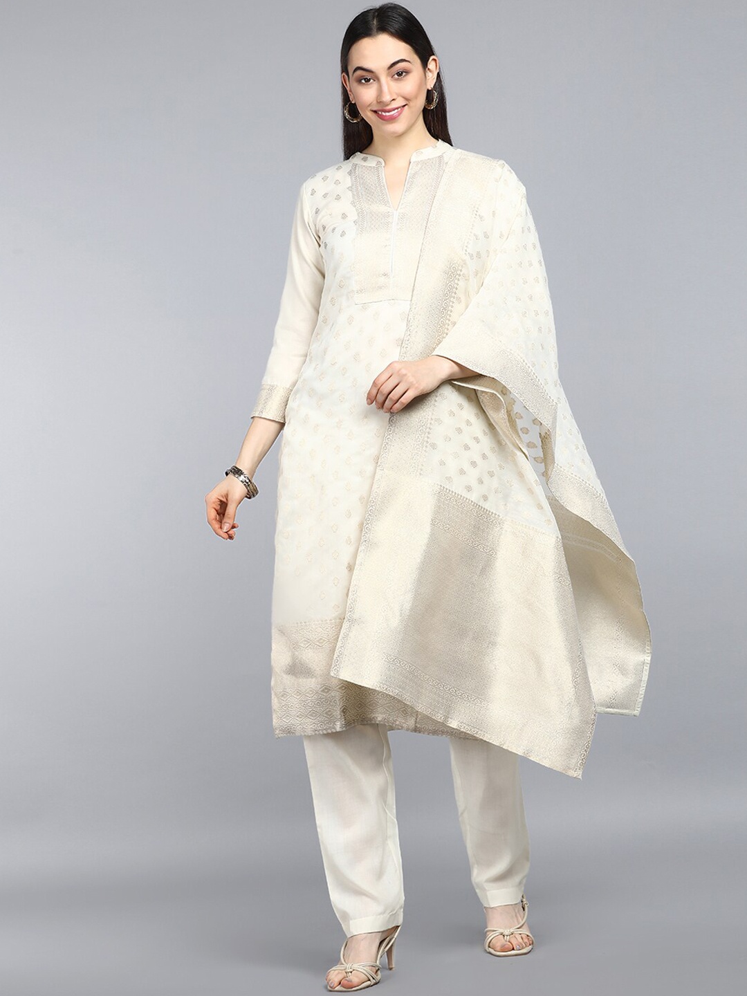 

AHIKA Women Cream-Coloured Embroidered Kurta with Trousers & With Dupatta