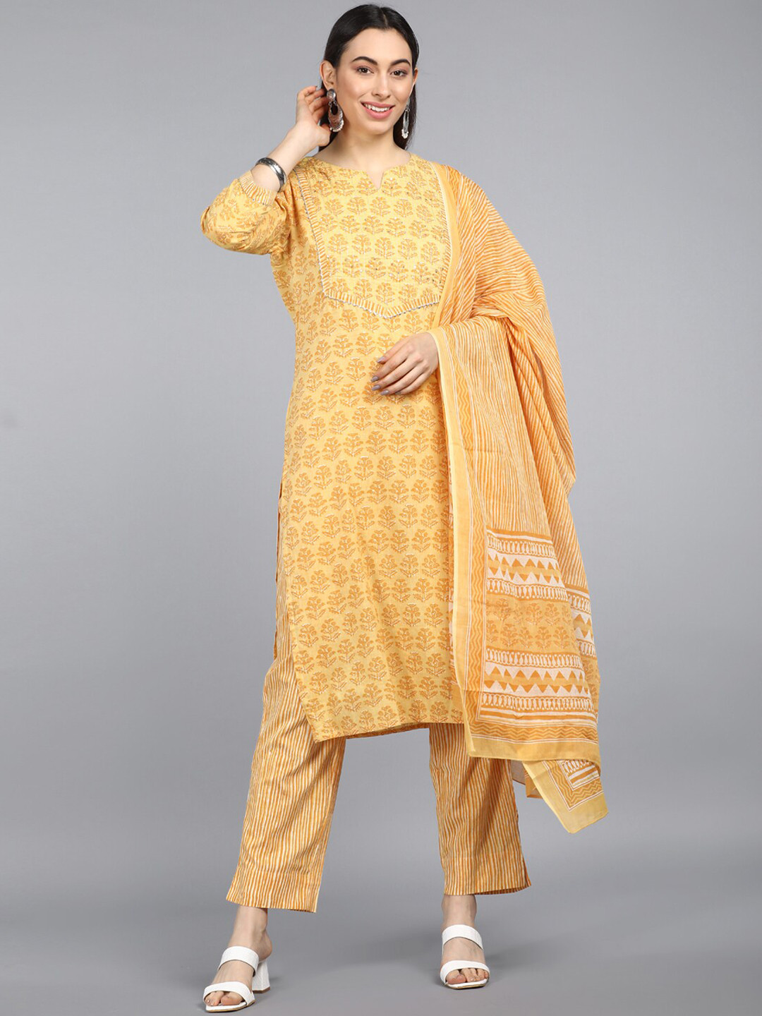 

AHIKA Women Mustard Yellow Floral Printed Pure Cotton Kurta with Trousers & With Dupatta