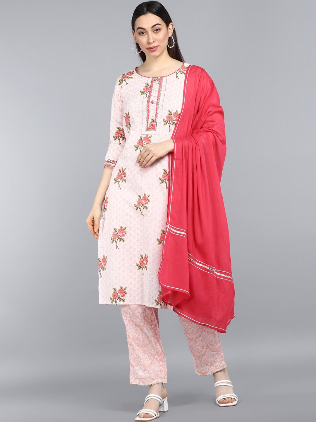 

AHIKA Women Pink Floral Printed Pure Cotton Kurta with Trousers