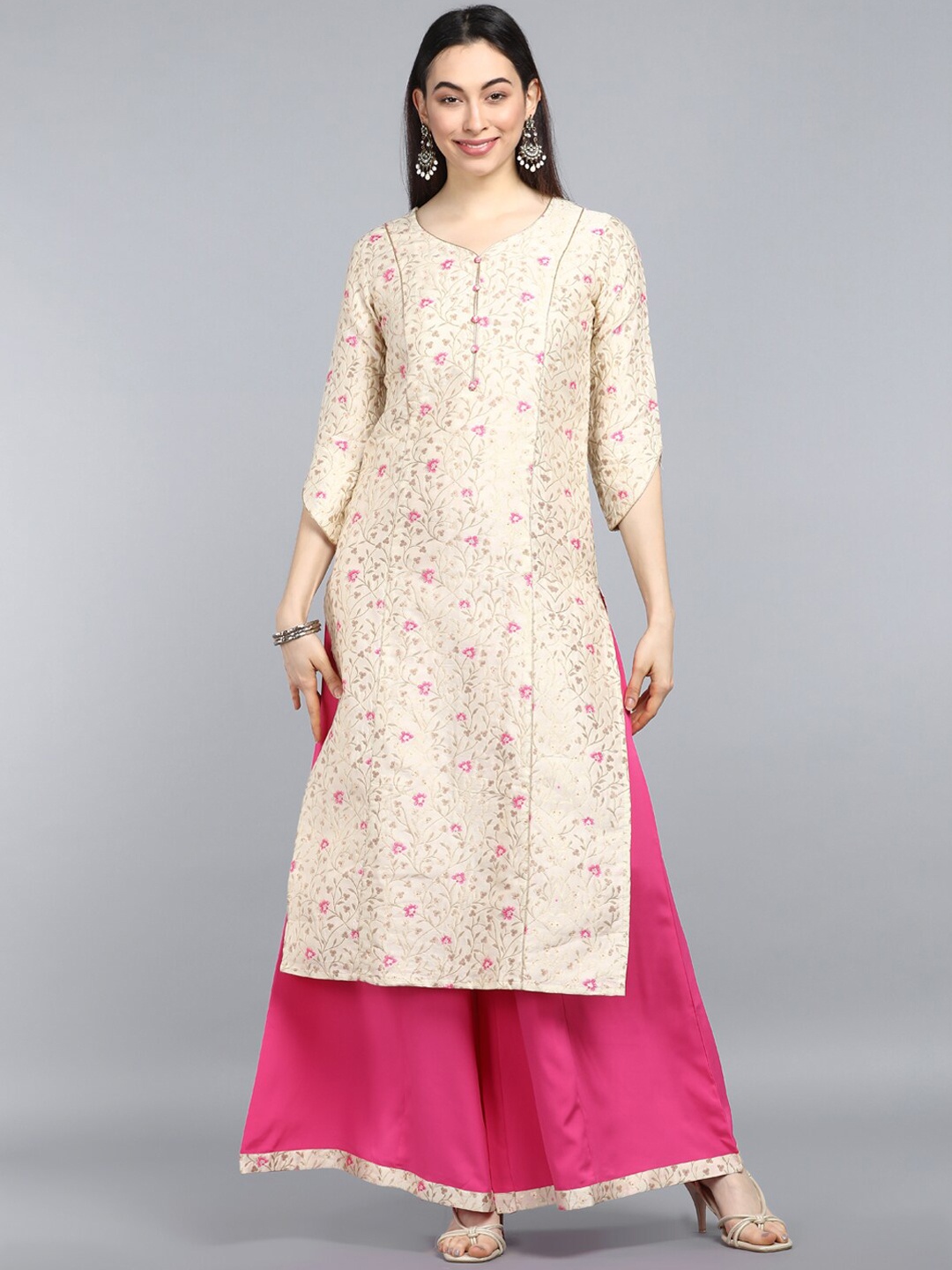 

AHIKA Women Cream-Coloured & Pink Floral Kurta With Palazzos