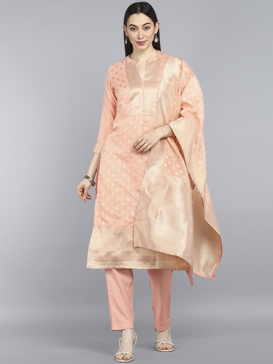 

AHIKA Women Peach-Coloured Layered Kurta with Trousers & Dupatta