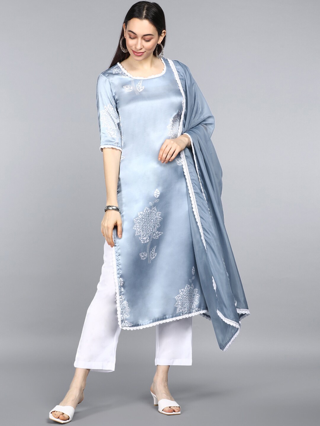 

AHIKA Women Blue & White Floral Printed Satin Kurta With Trousers & Dupatta