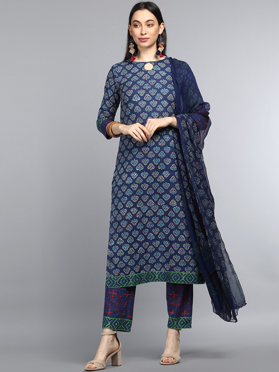 

AHIKA Women Navy Blue Ethnic Motifs Printed Kurta with Trousers & With Dupatta