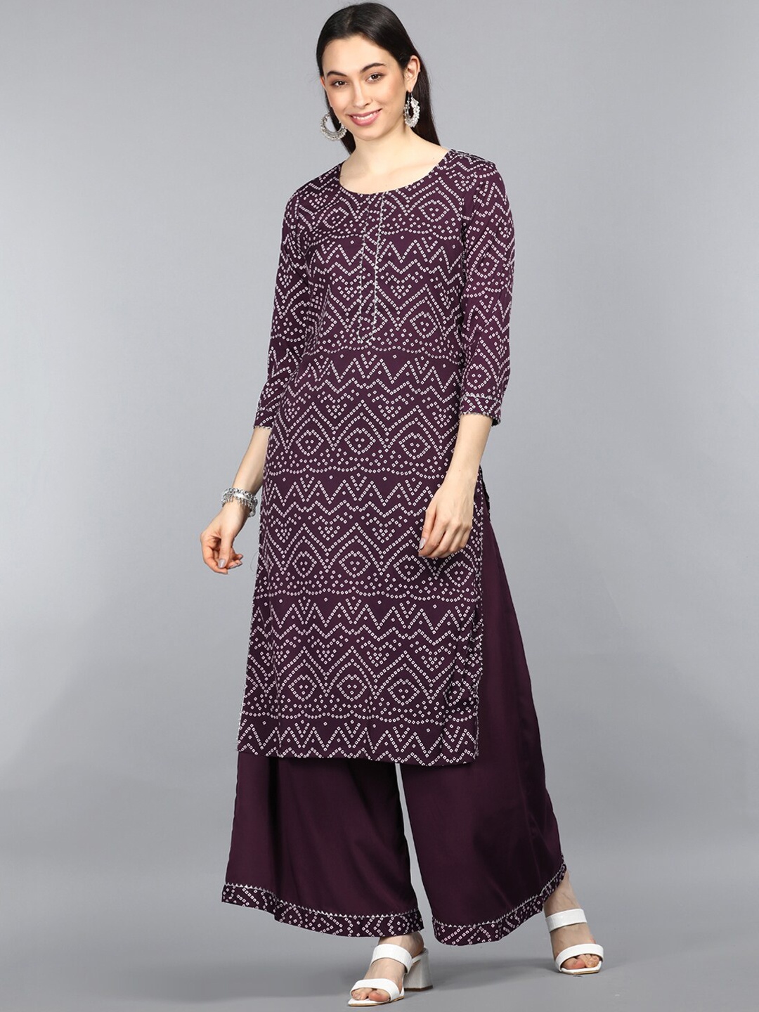 

AHIKA Women Burgundy & White Bandhani Printed Kurta With Palazzos