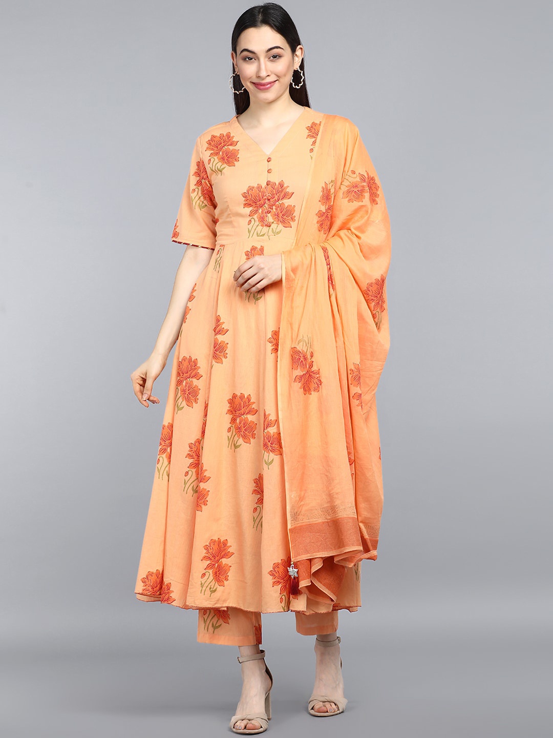 

AHIKA Women Coral Floral Printed Pure Cotton Kurta with Trousers & With Dupatta