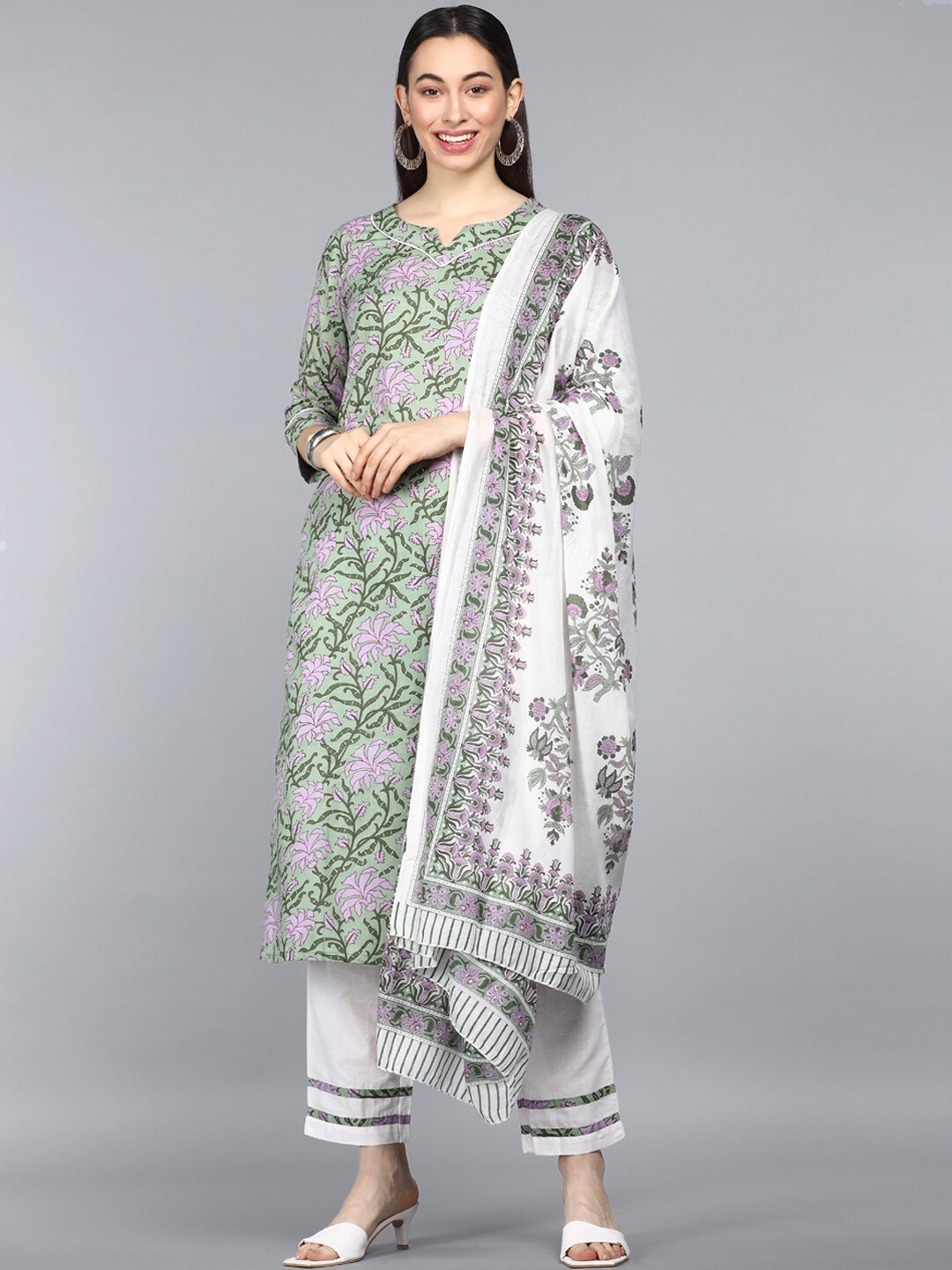 

AHIKA Women Green & White Floral Printed Pure Cotton Kurta with Trouser & Dupatta