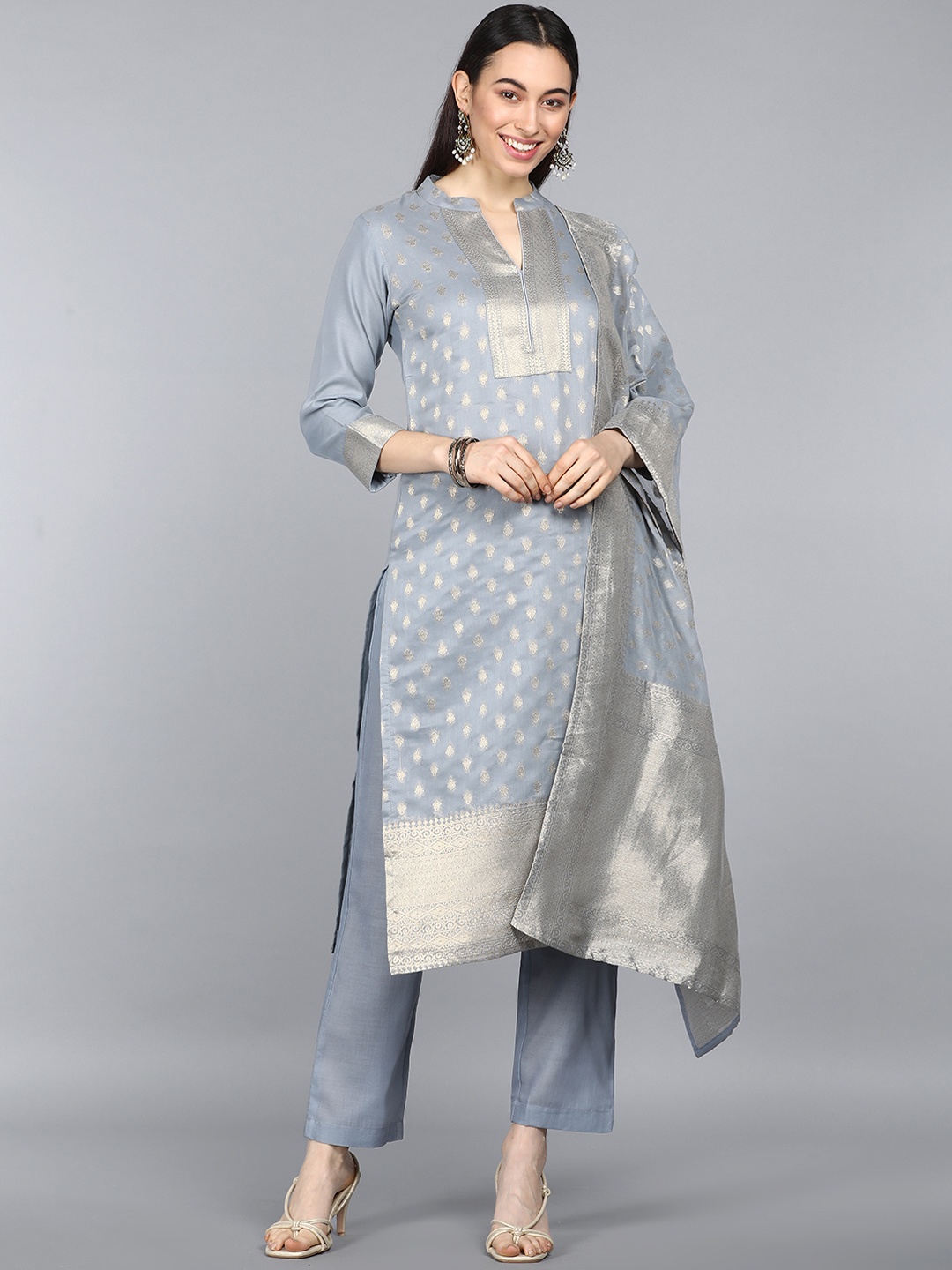 

AHIKA Women Grey Kurta with Trousers & With Dupatta