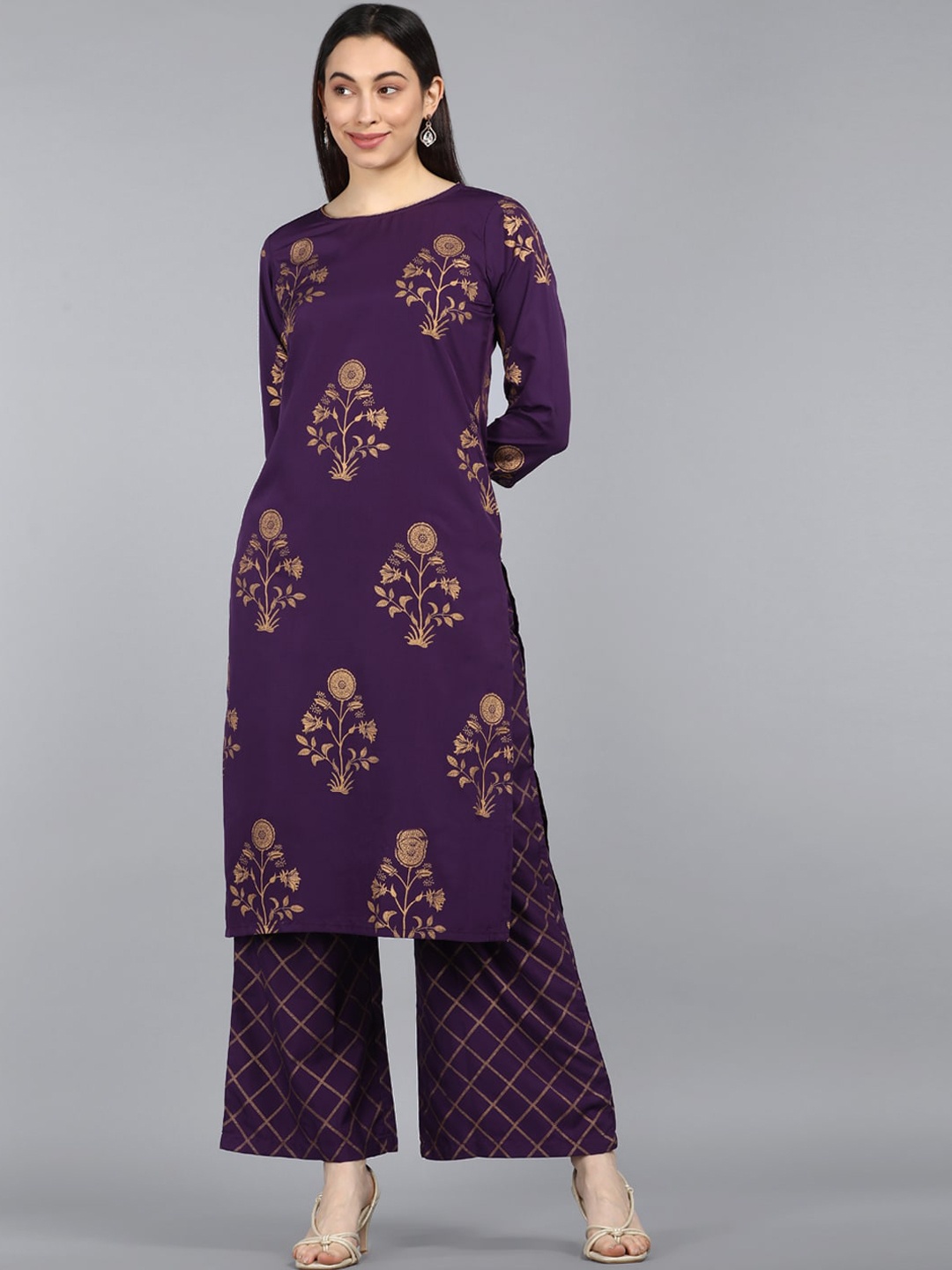 

AHIKA Women Purple Floral Printed Pure Cotton Kurta with Palazzos