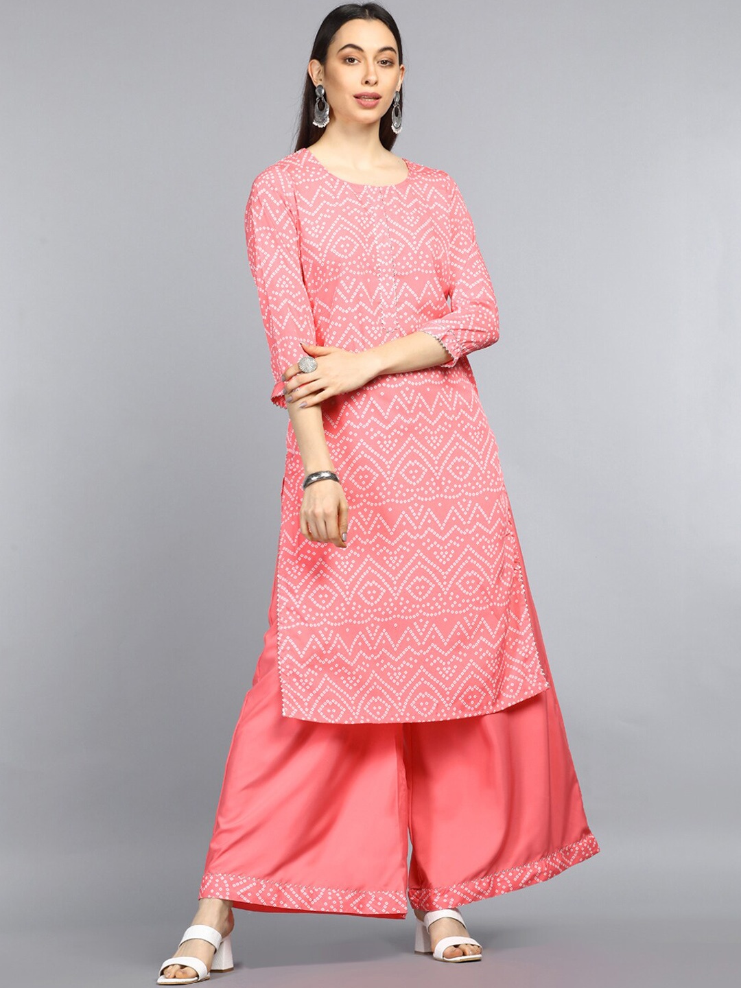 

AHIKA Women Coral & White Bandhani Printed Kurta With Palazzos