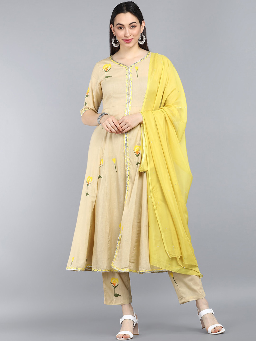 

AHIKA Women Yellow Embroidered Printed Pure Cotton Kurta with Trouser & Dupatta