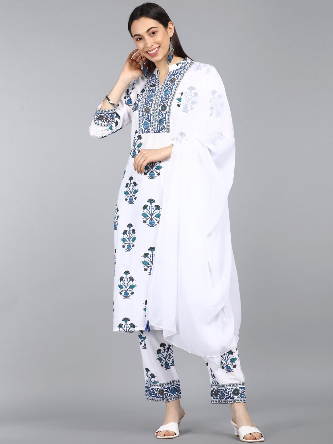

AHIKA Women White Floral Printed Kurta with Trousers & With Dupatta