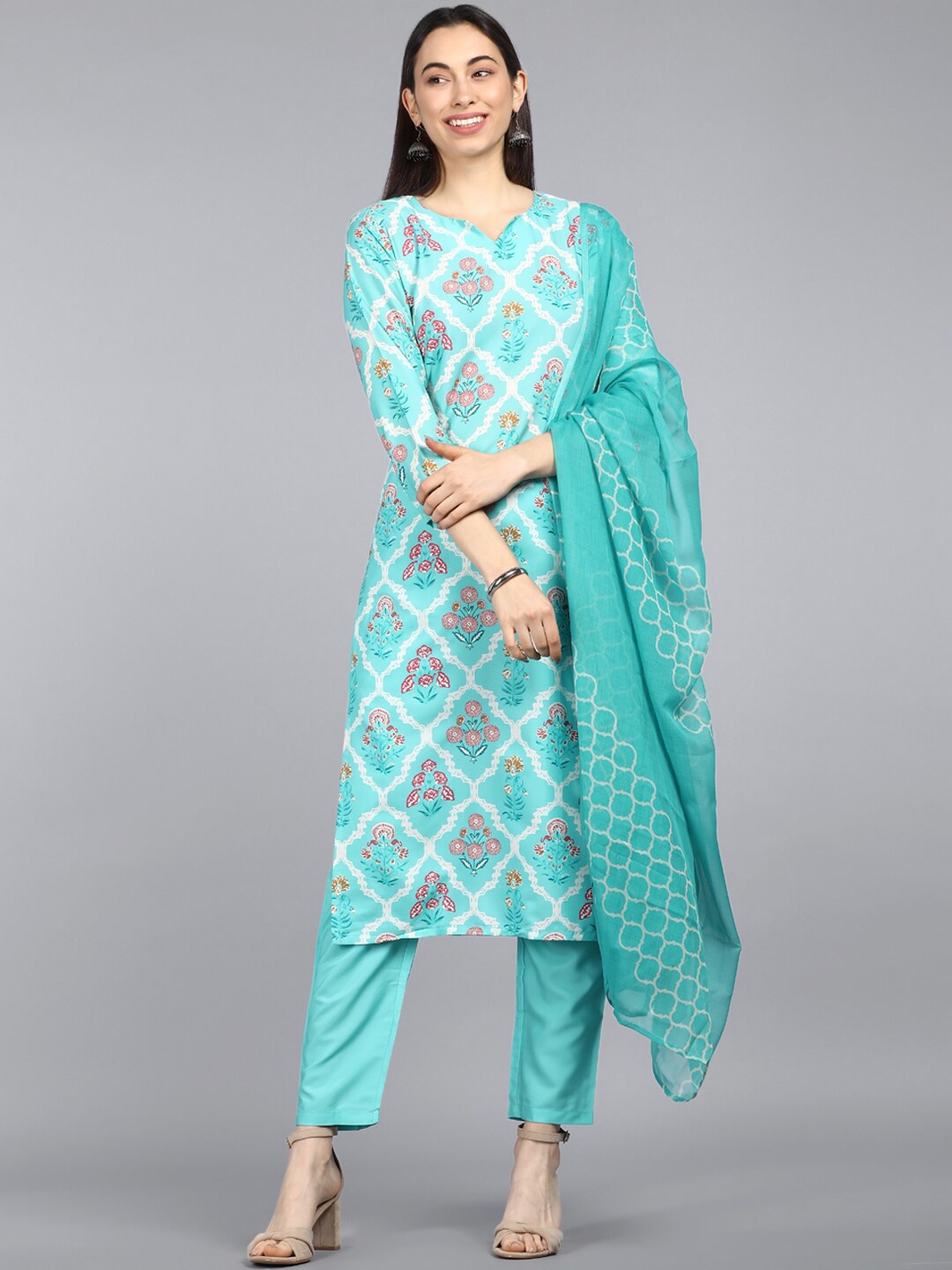 

AHIKA Women Blue Printed Kurta with Trousers & With Dupatta