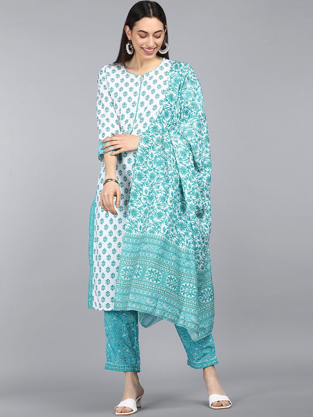 

AHIKA Women Turquoise Blue Ethnic Motifs Printed Kurta with Trousers & With Dupatta