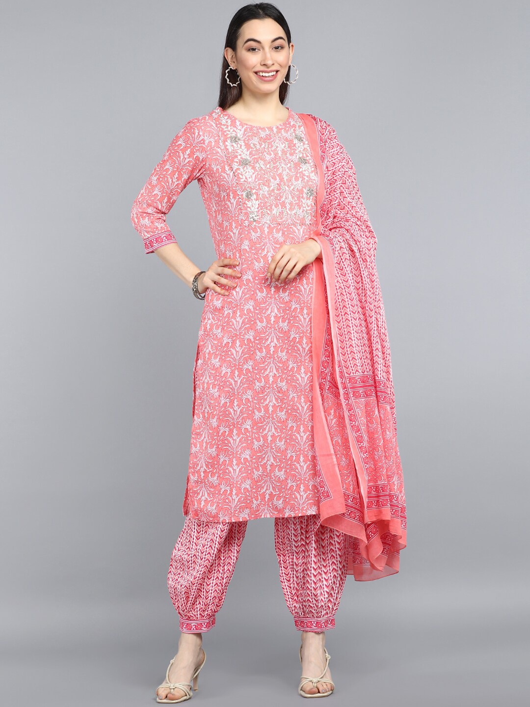 

AHIKA Women Pink Floral Printed Pure Cotton Kurta with Salwar & Dupatta