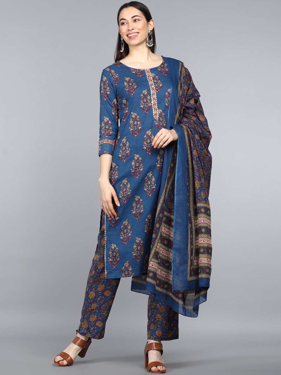 

AHIKA Women Navy Blue Floral Printed Pure Cotton Kurta with Trousers & With Dupatta